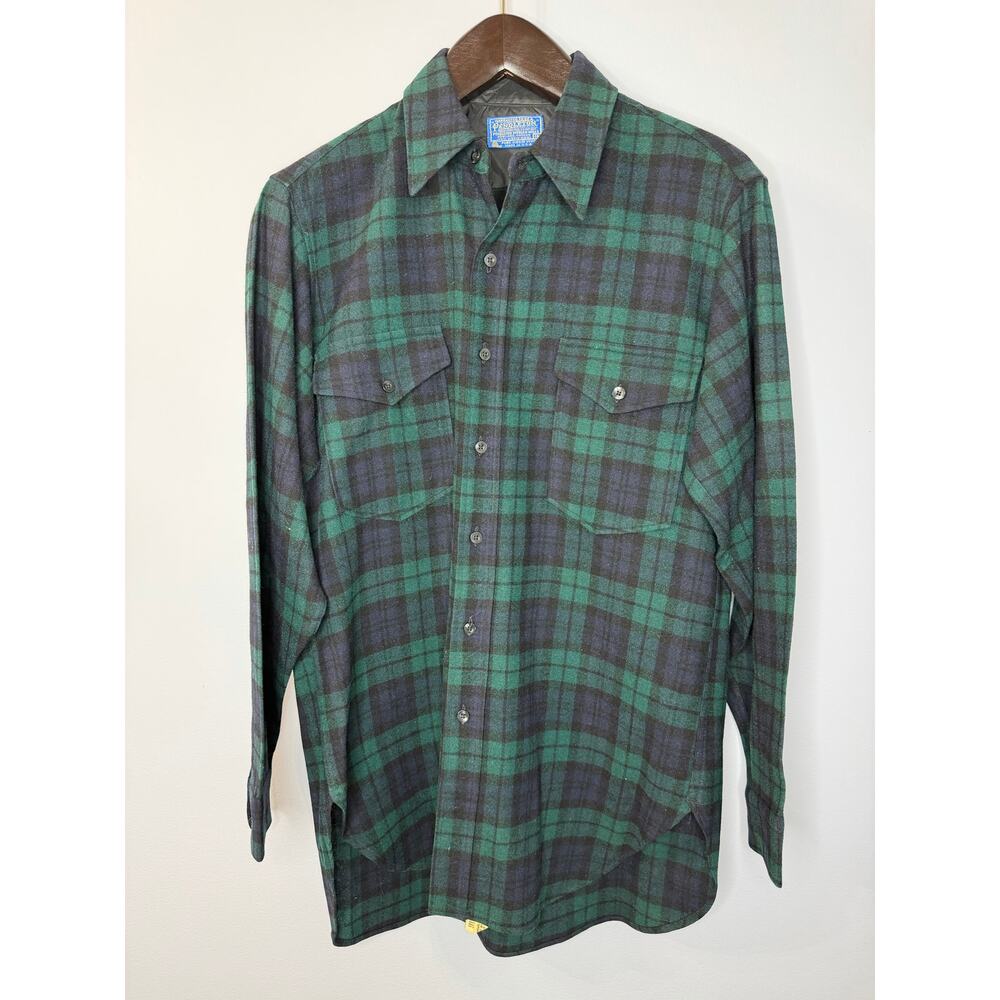 PENDLETON Vintage 60s Virgin Wool Green Tartan Plaid Flannel Shirt Mens 16 L USA - Picture 1 of 10